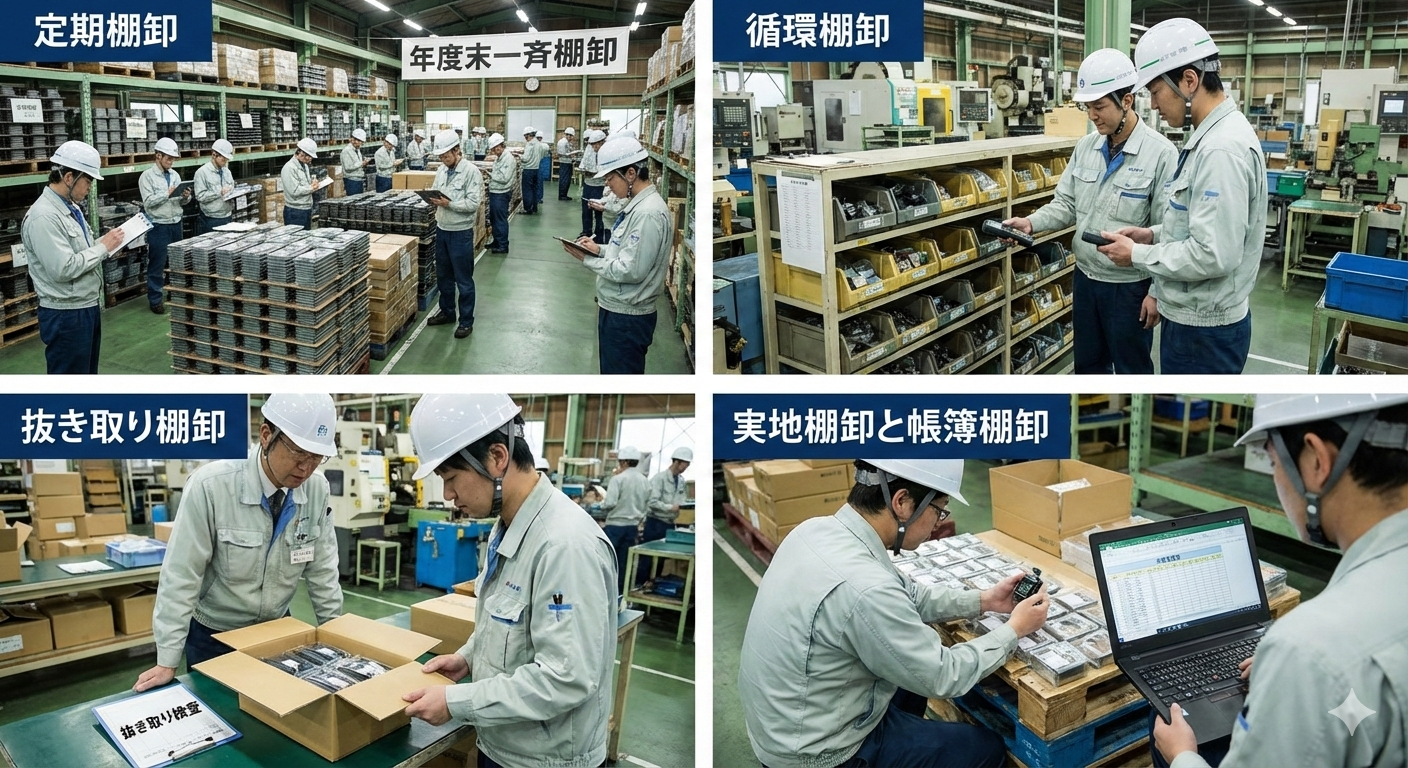 棚卸の種類・定期棚卸・循環棚卸（ローテーション棚卸）・抜き取り棚卸・実地棚卸と帳簿棚卸